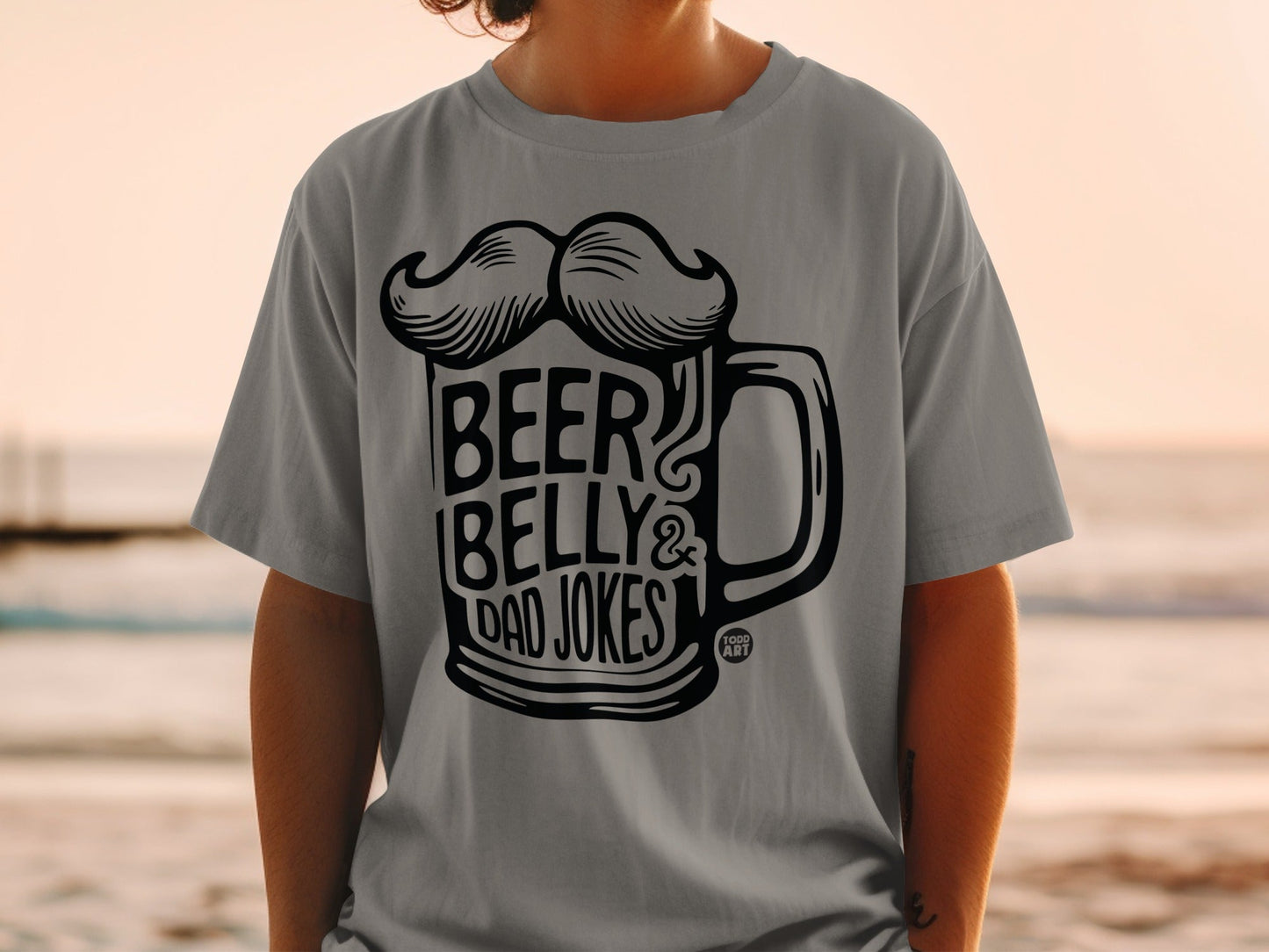 Gray t-shirt with "Beer Belly & Dad Jokes" graphic and a beer mug with mustache.