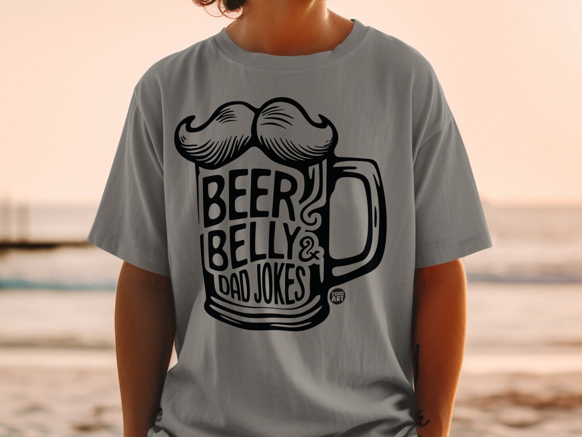 Gray t-shirt with "Beer Belly & Dad Jokes" graphic and a beer mug with mustache.