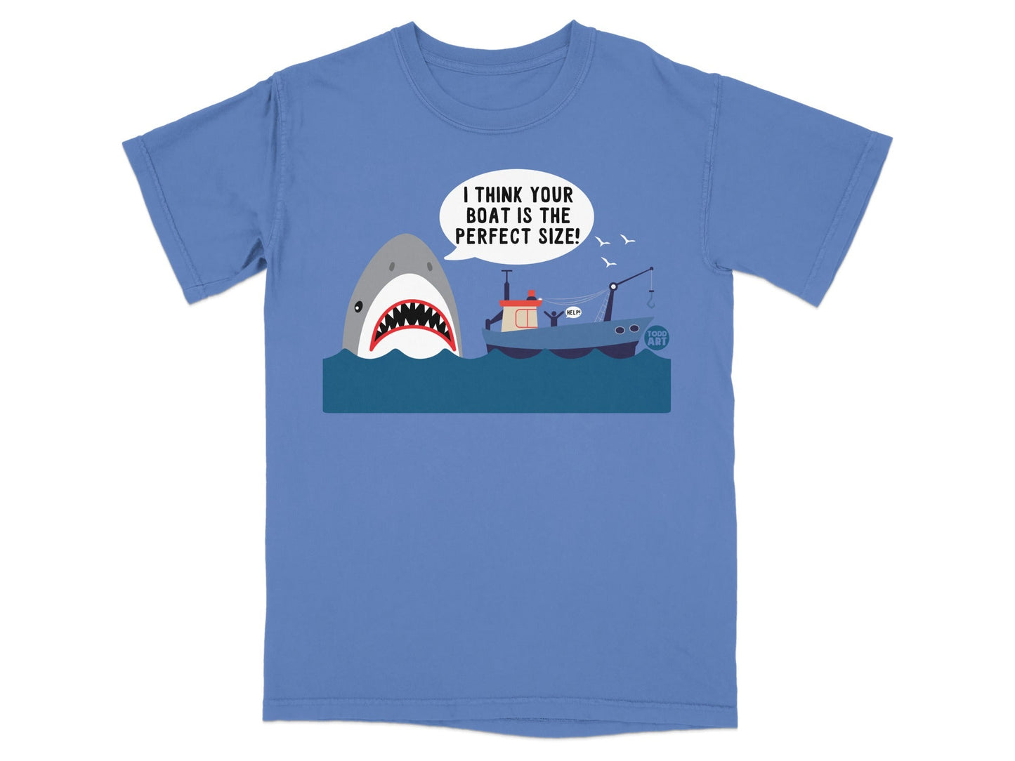 T-shirt graphic with a shark asking, "I think your boat is the perfect size!"