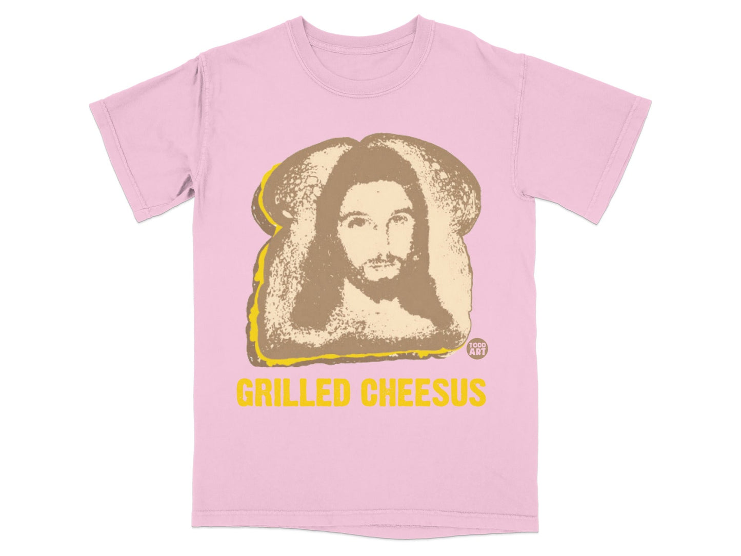 Pink t-shirt with a grilled cheese sandwich featuring Jesus artwork and "Grilled Cheesus" text.