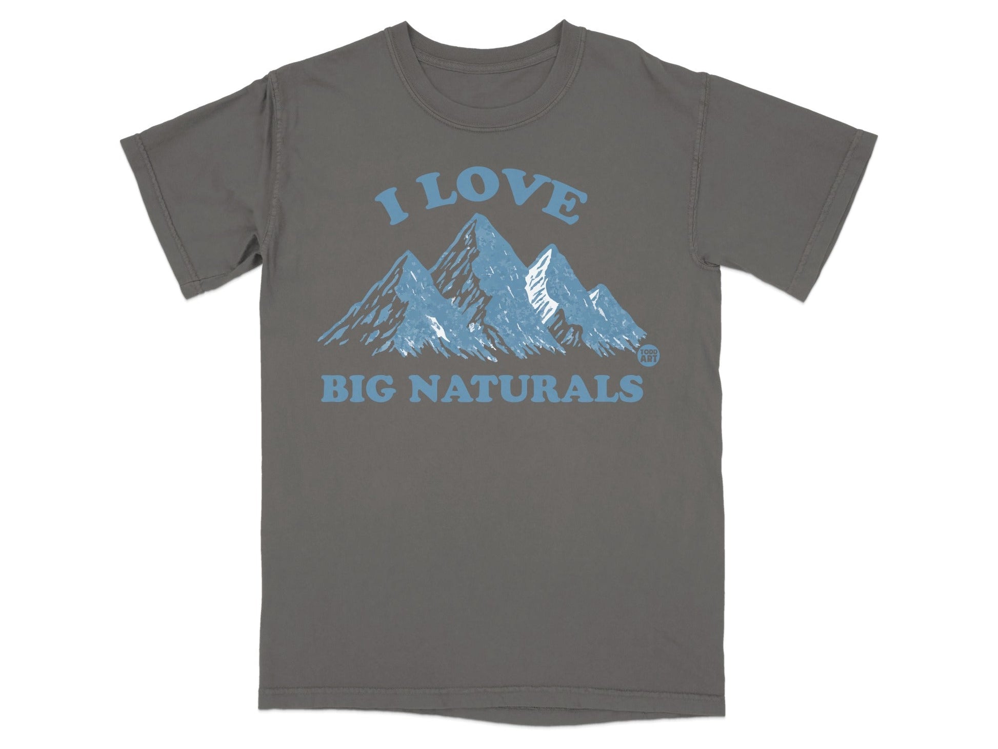 T-shirt with "I Love Big Naturals" text and blue mountain graphic.