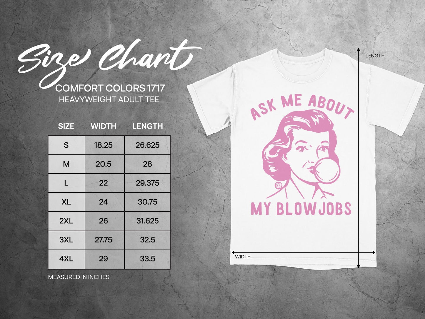 Size chart for Comfort Colors 1717 heavyweight adult tee with measurements.