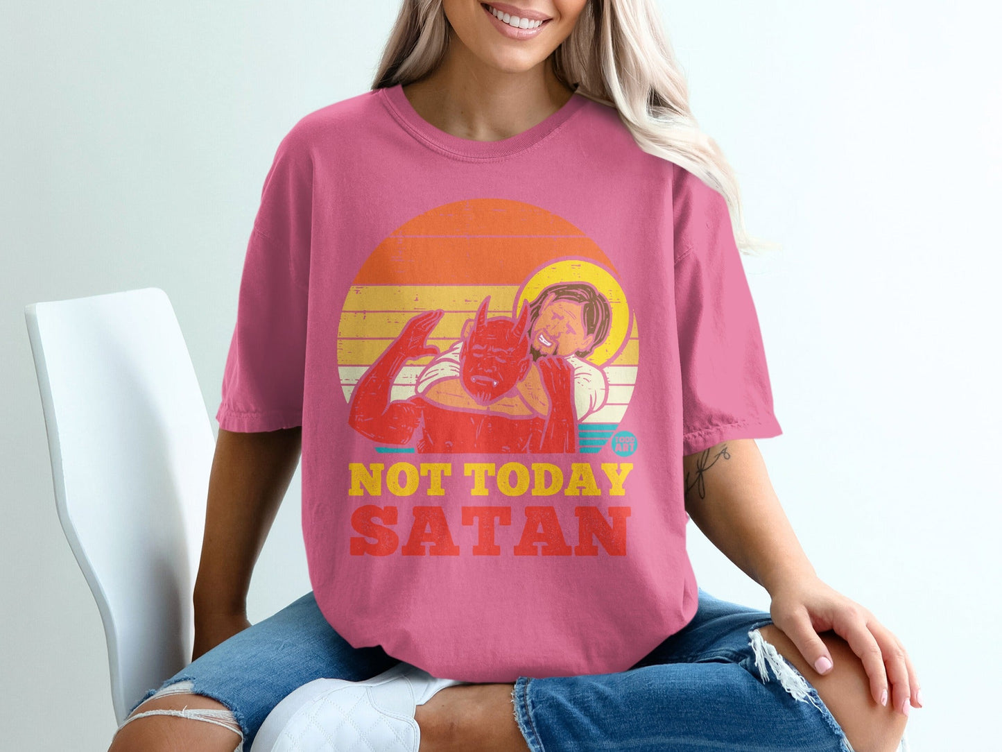 Pink t-shirt with "NOT TODAY SATAN" text and graphic of Jesus hugging a devil.