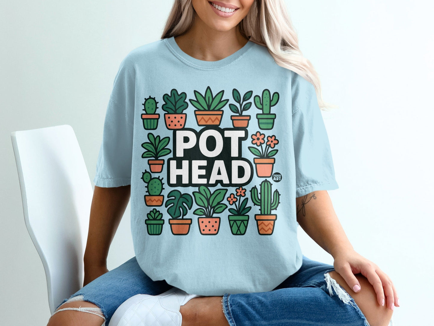 Light blue t-shirt with "Pot Head" text and potted plants illustration.