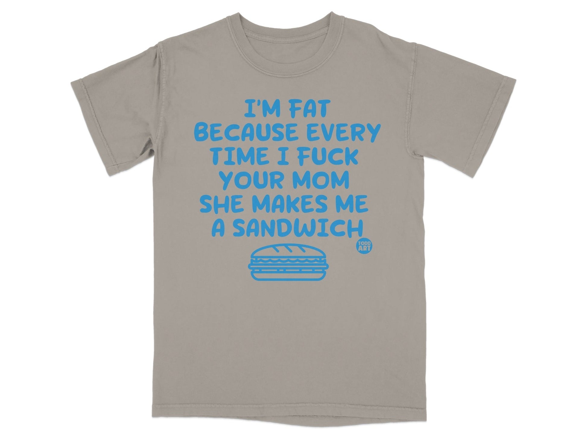 T-shirt with blue text and a sandwich graphic.