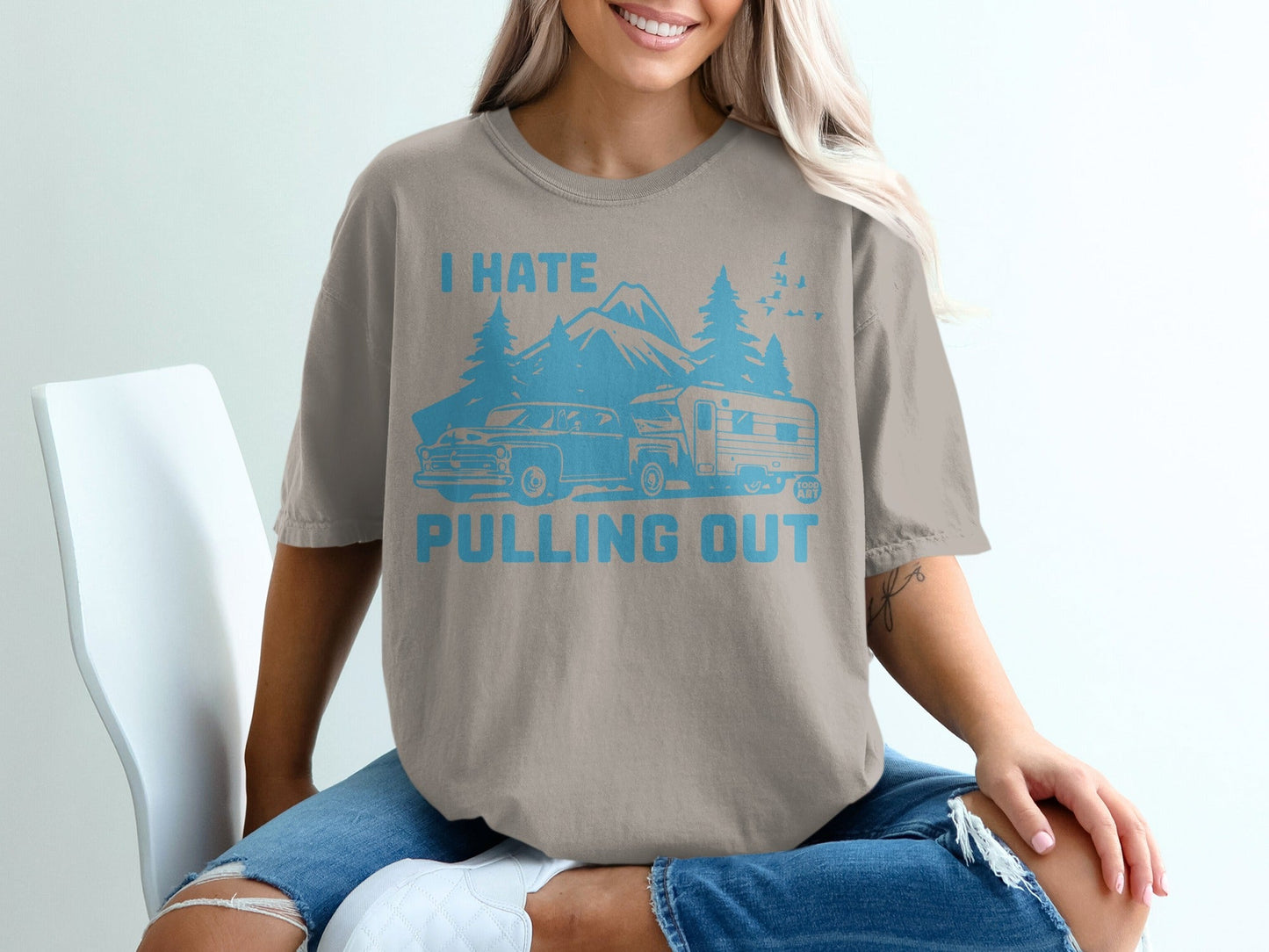 T-shirt with "I hate pulling out" text and vintage truck towing a camper.