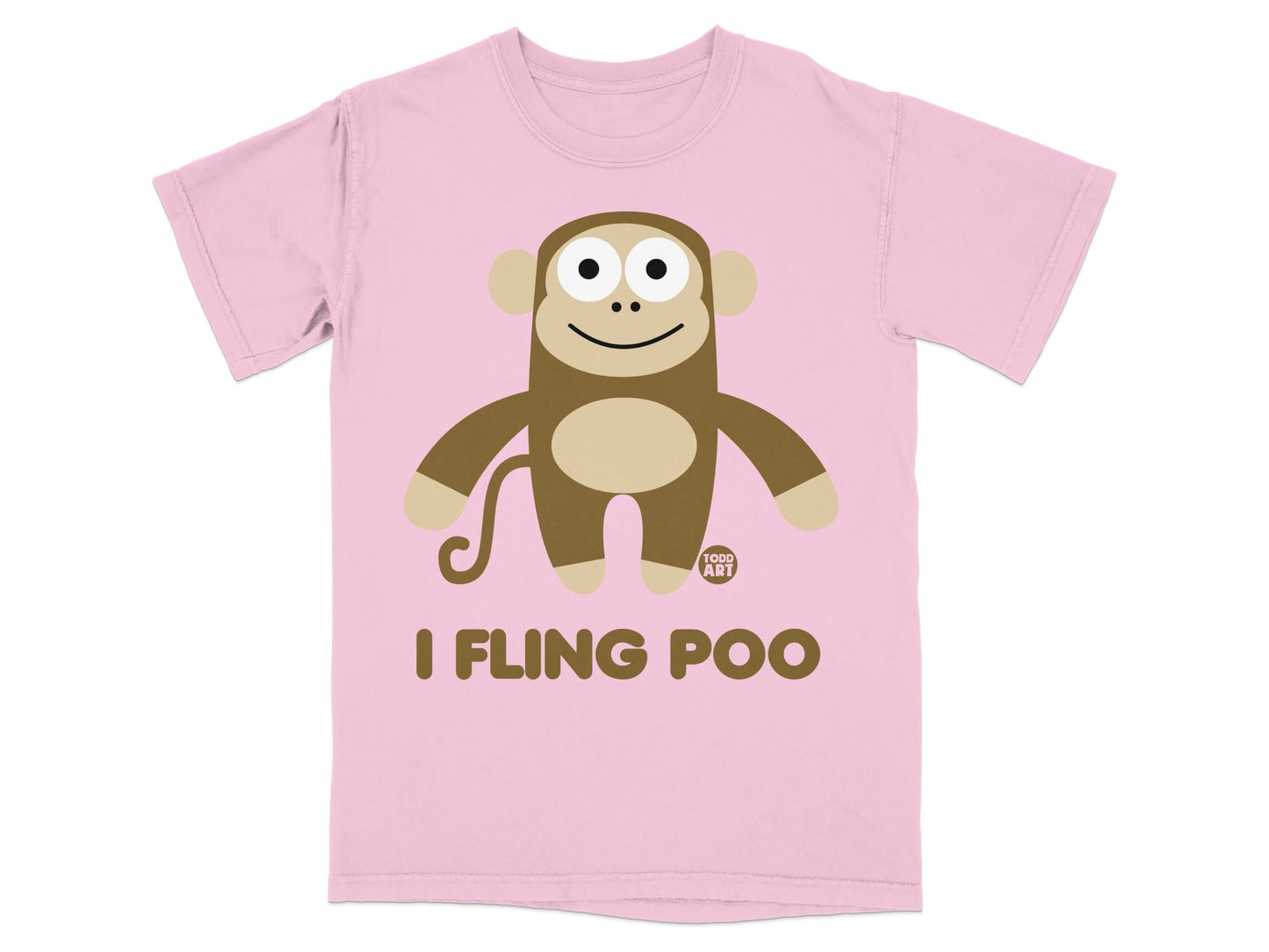 Pink t-shirt with cartoon monkey and text "I FLING POO".