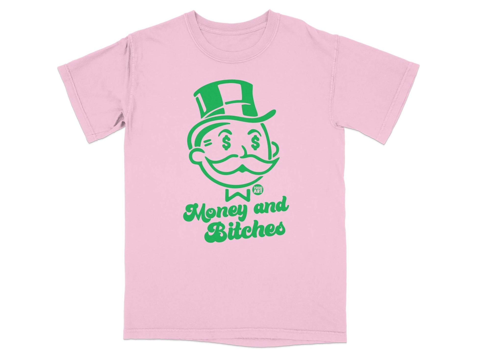 Pink t-shirt with green Monopoly Man graphic and "Money and Bitches" text.