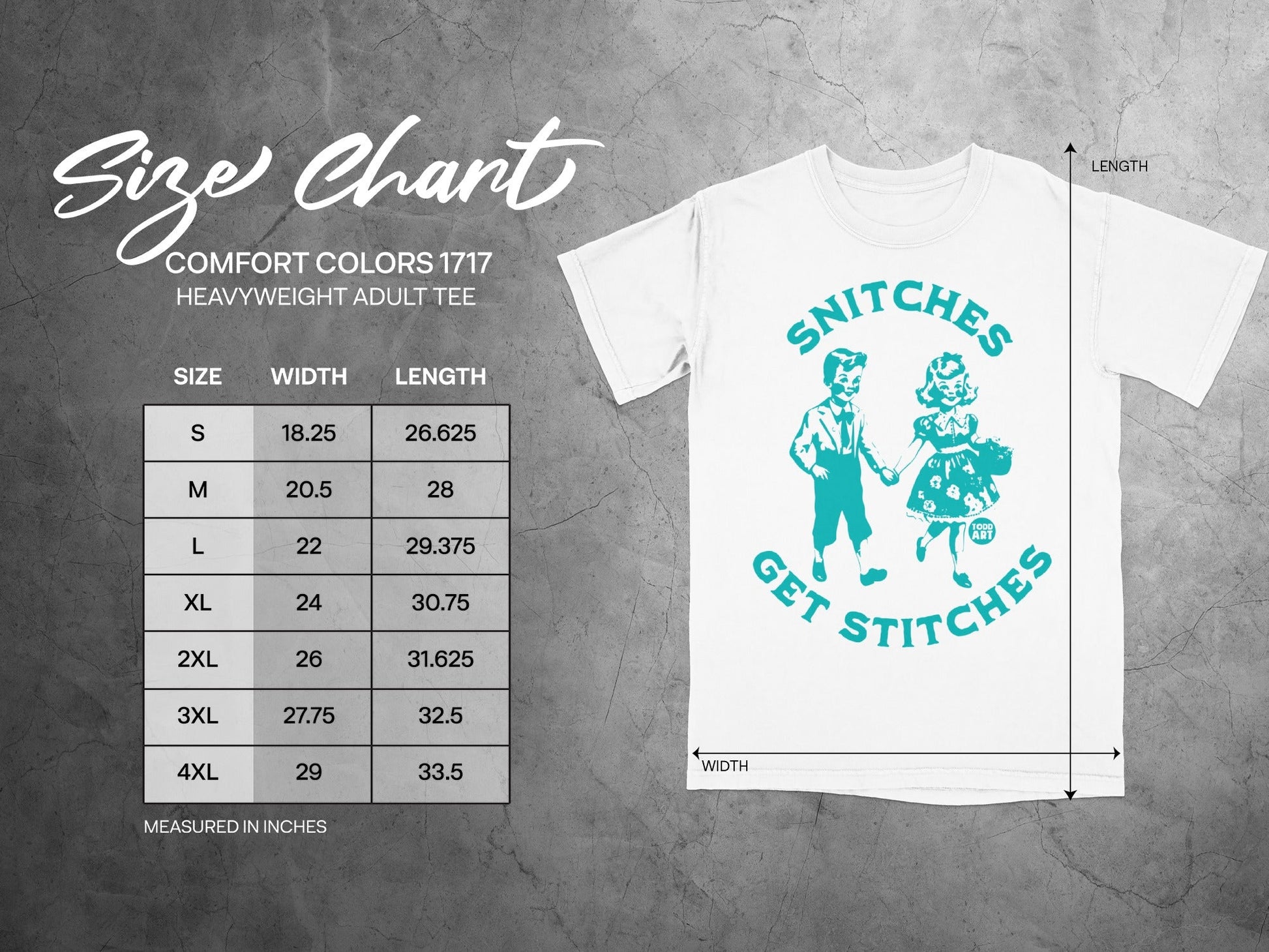 Comfort Colors 1717 heavyweight adult tee size chart with measurements.