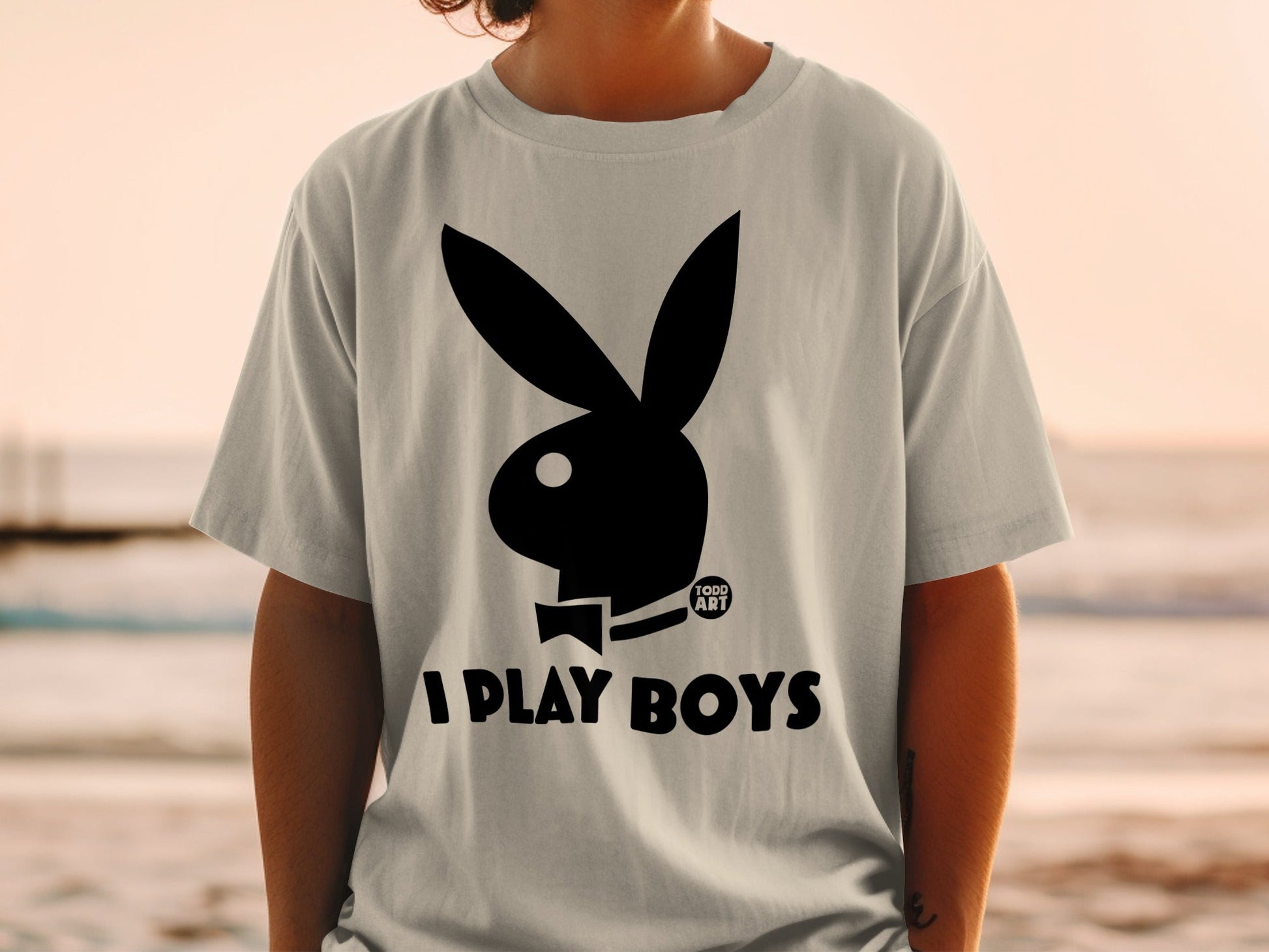 Gray t-shirt with black Playboy bunny logo and "TODD ART I PLAY BOYS" text.