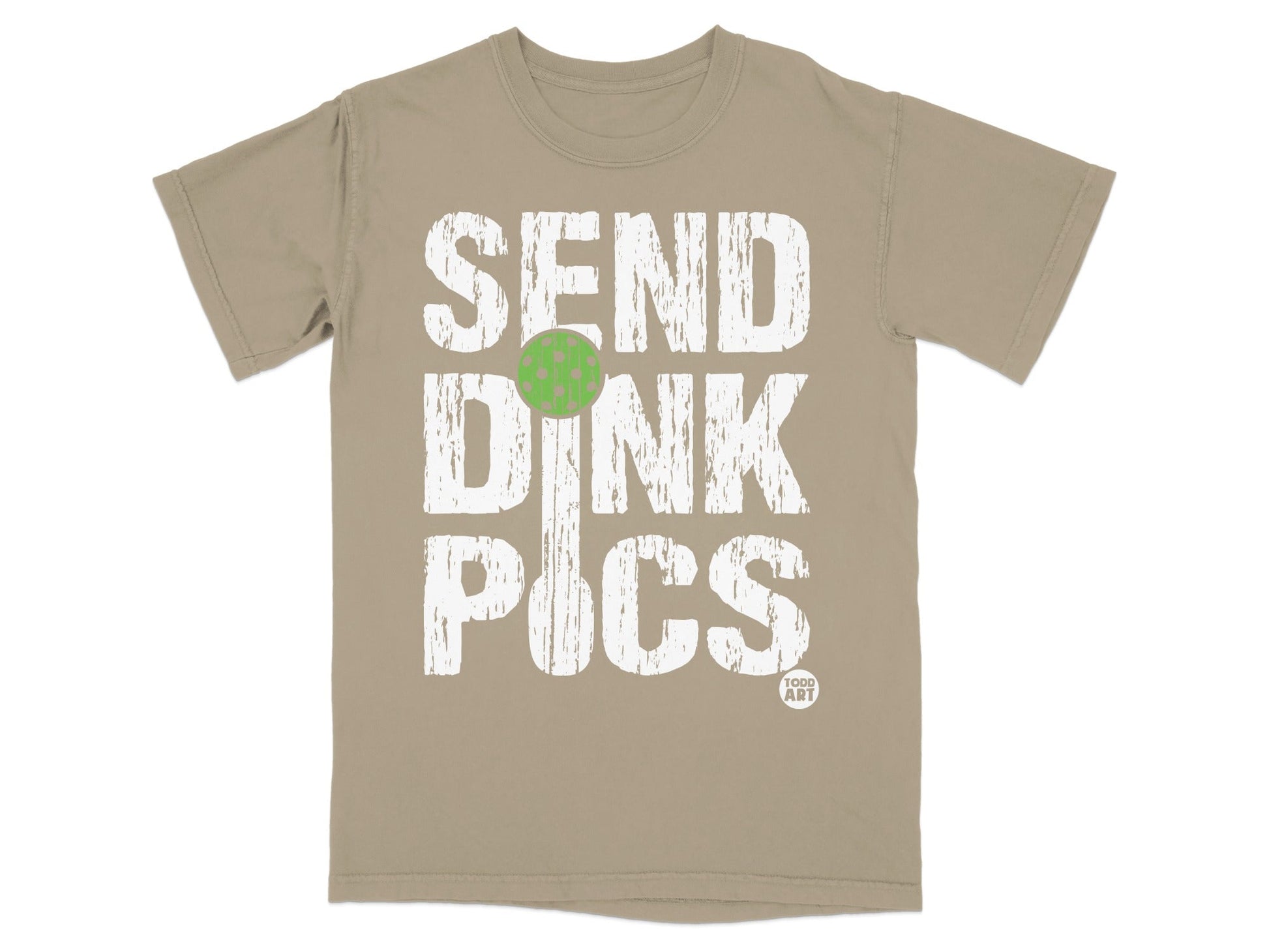 Tan t-shirt with "SEND DINK PICS" text and green polka dot "I".