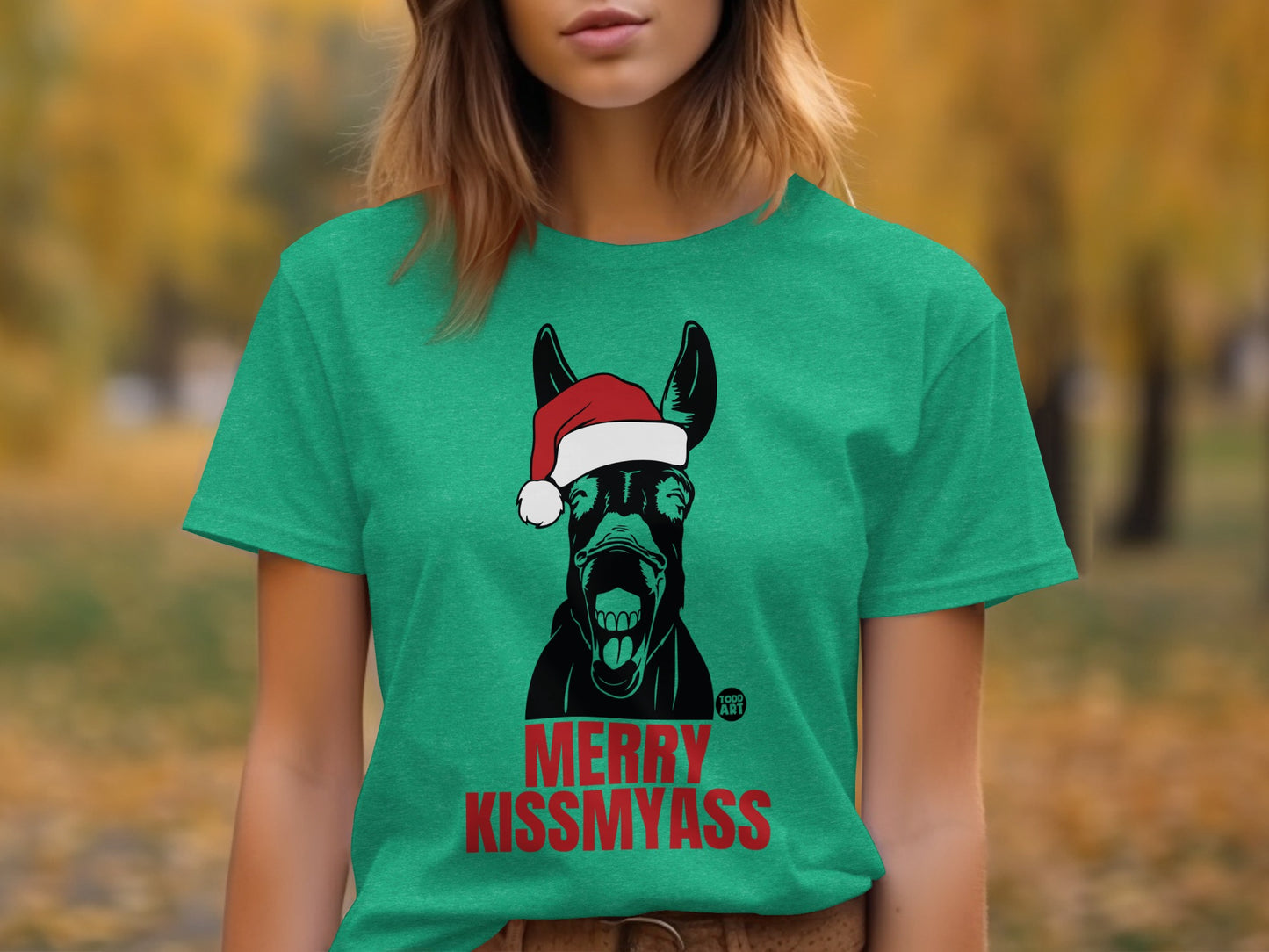 Merry Kissmyass Santa Dog Green T-Shirt Product