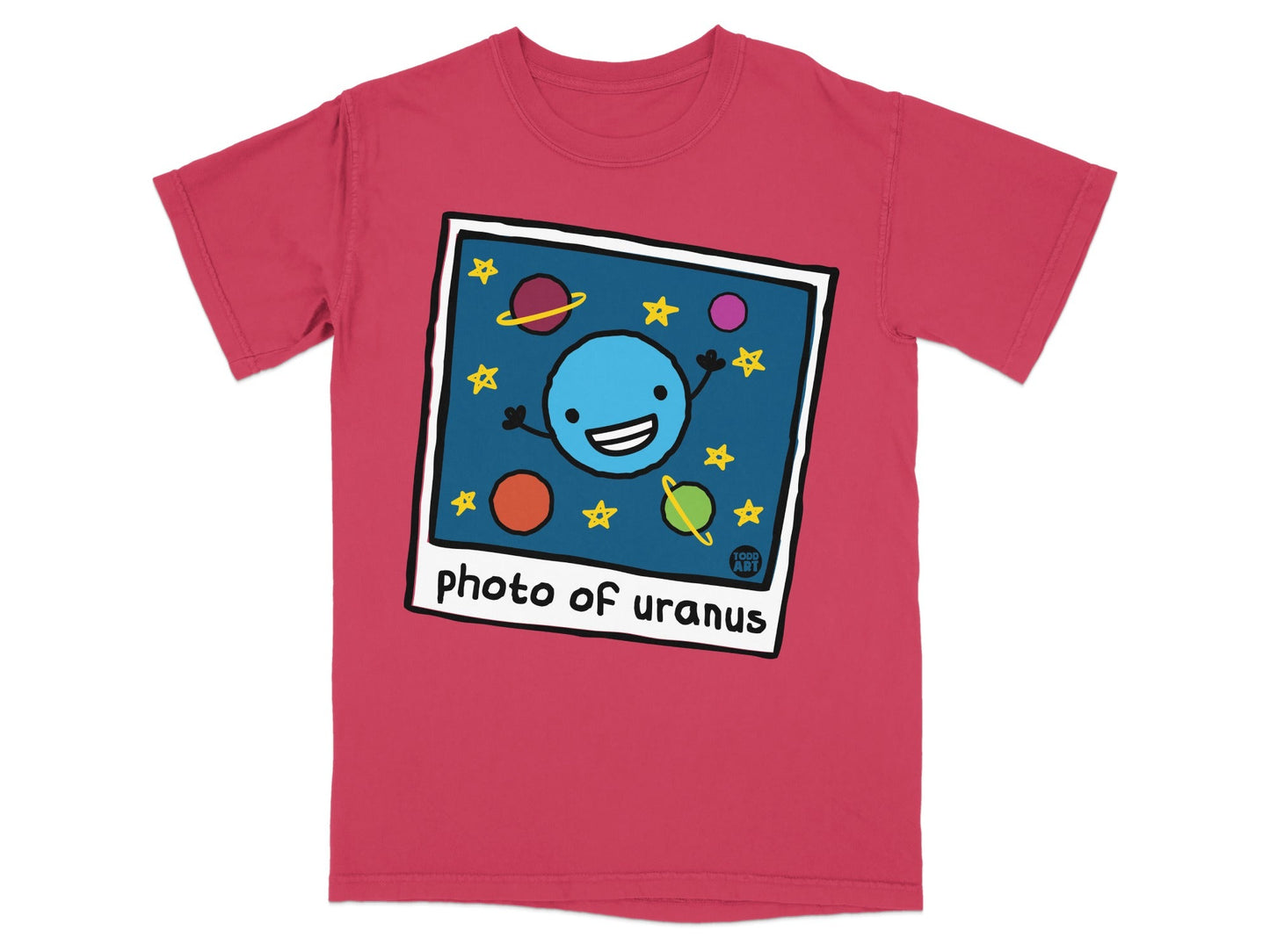 T-shirt with cartoon of smiling blue planet surrounded by stars and planets.