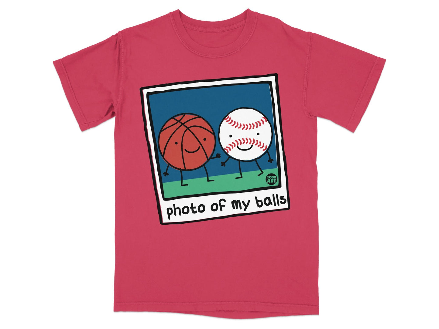 Two cartoon sports balls, a basketball and a baseball, smile at each other.