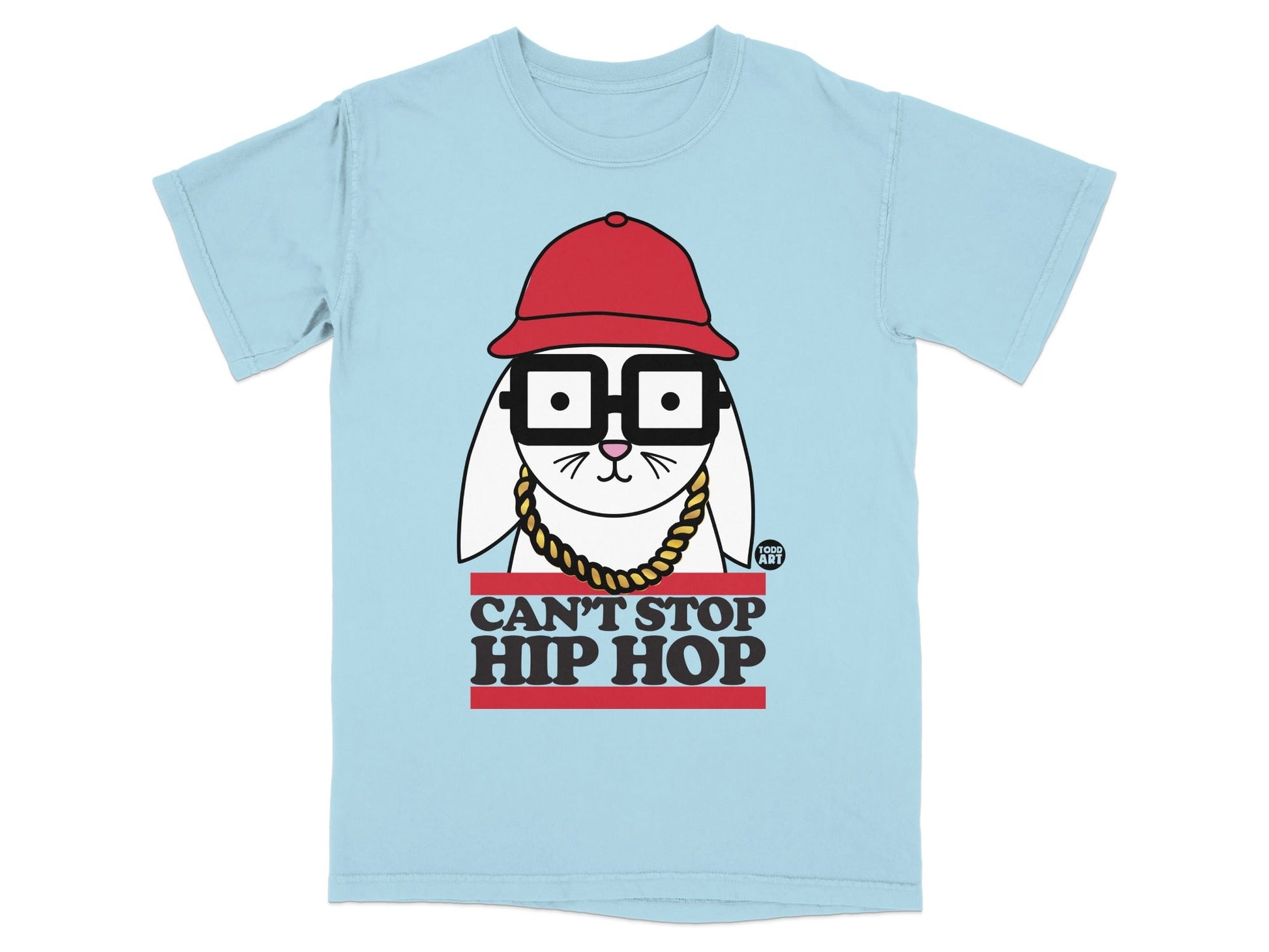 Light blue t-shirt with a rabbit wearing a hat, glasses, and chain, and "Can't Stop Hip Hop" text.