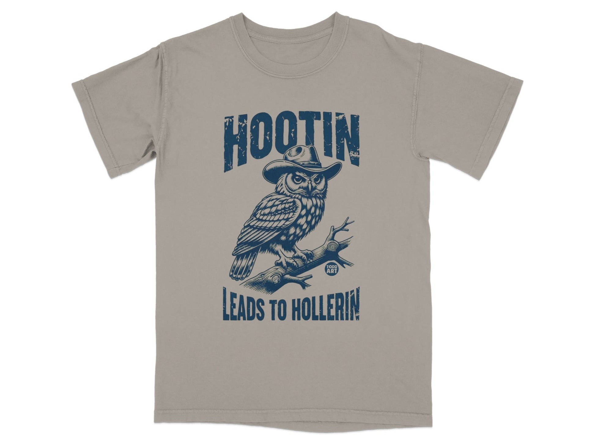 T-shirt with owl wearing a cowboy hat and text "HOOTIN' LEADS TO HOLLERIN'".
