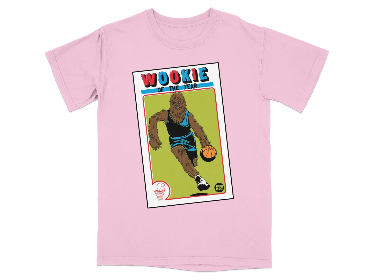 Pink t-shirt with Chewbacca playing basketball on a vintage card graphic.