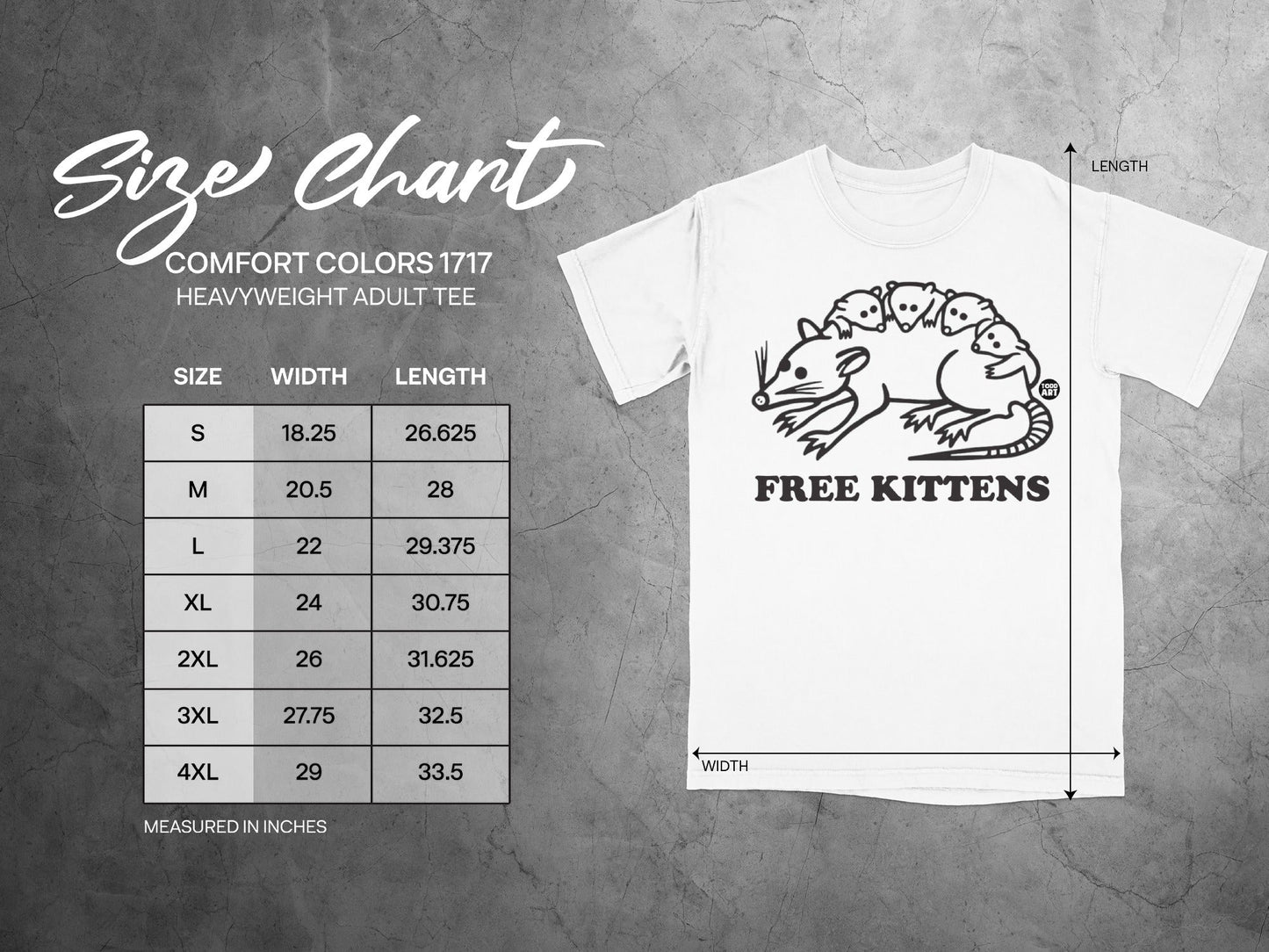 Size chart for Comfort Colors 1717 heavyweight adult tee with Free Kittens graphic.