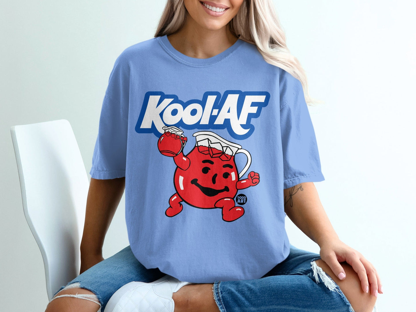 Kool-Aid Man graphic on blue t-shirt with text "Kool-AF".