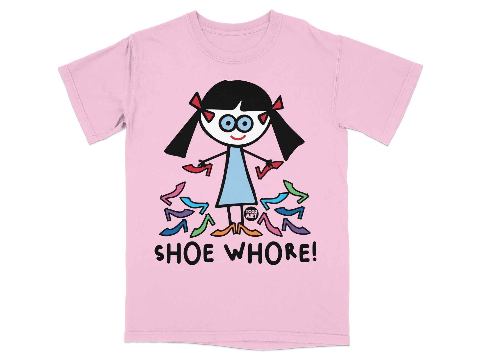 Cute Pink T-Shirt with Shoe Whore Cartoon Graphic Design