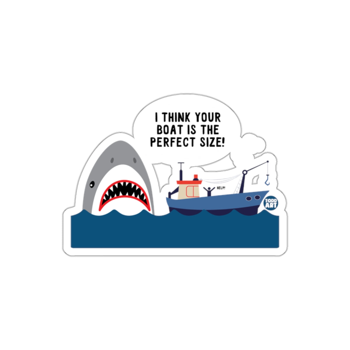 Perfect Size Boat with a Shark Encounter Art sticker