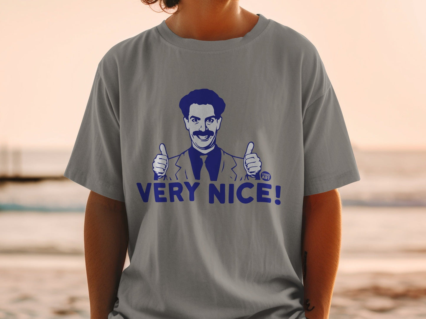 Grey t-shirt with Borat graphic and "VERY NICE!" text.