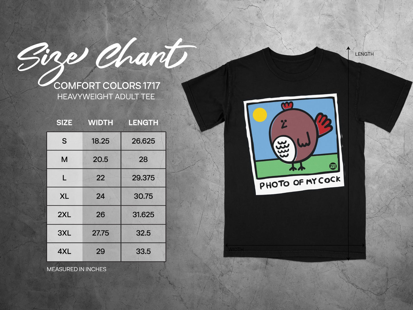 Size chart and t-shirt with "Photo of My Cock" graphic.