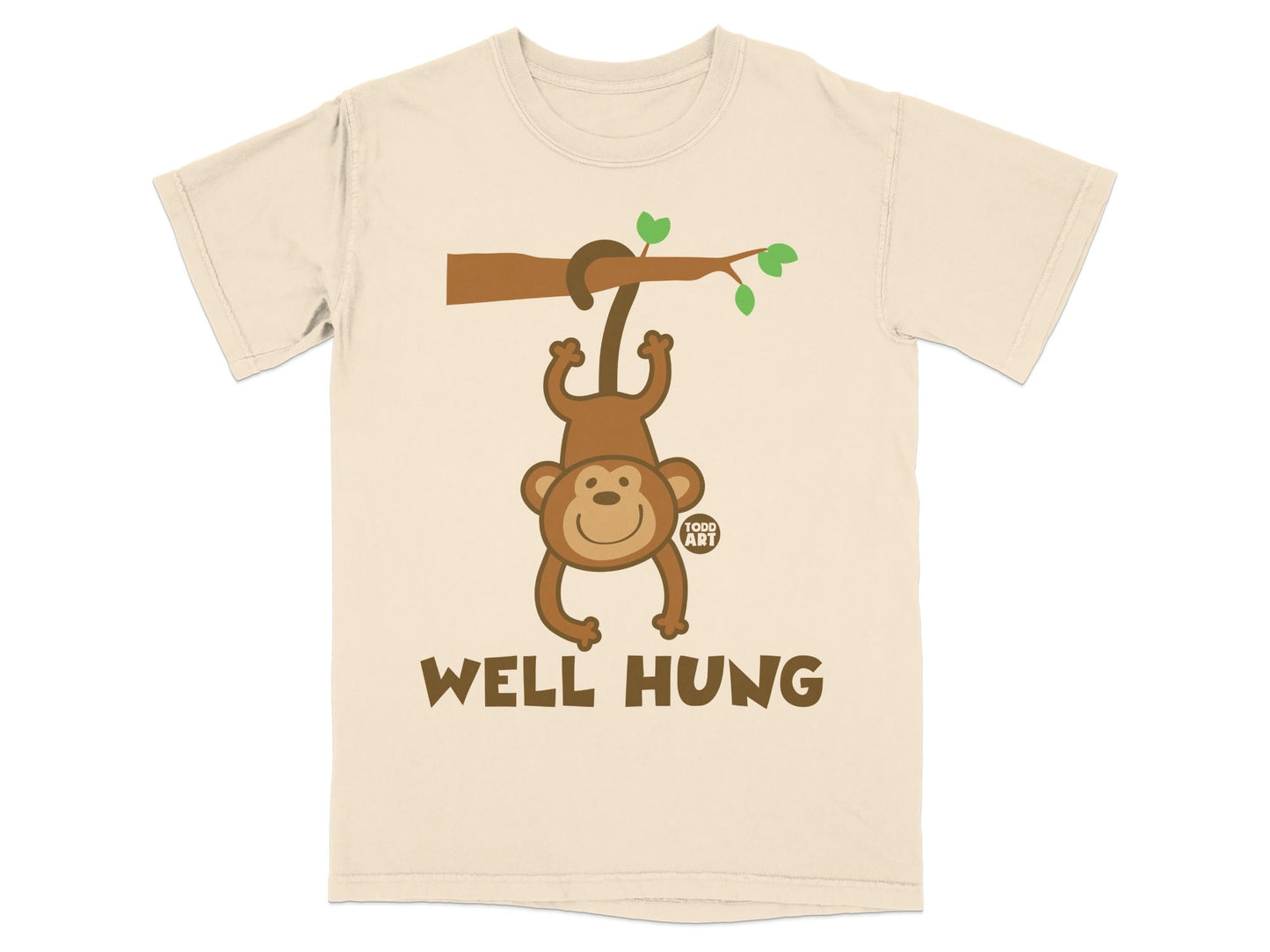 Illustration of a cartoon monkey hanging from a branch with "WELL HUNG" text.