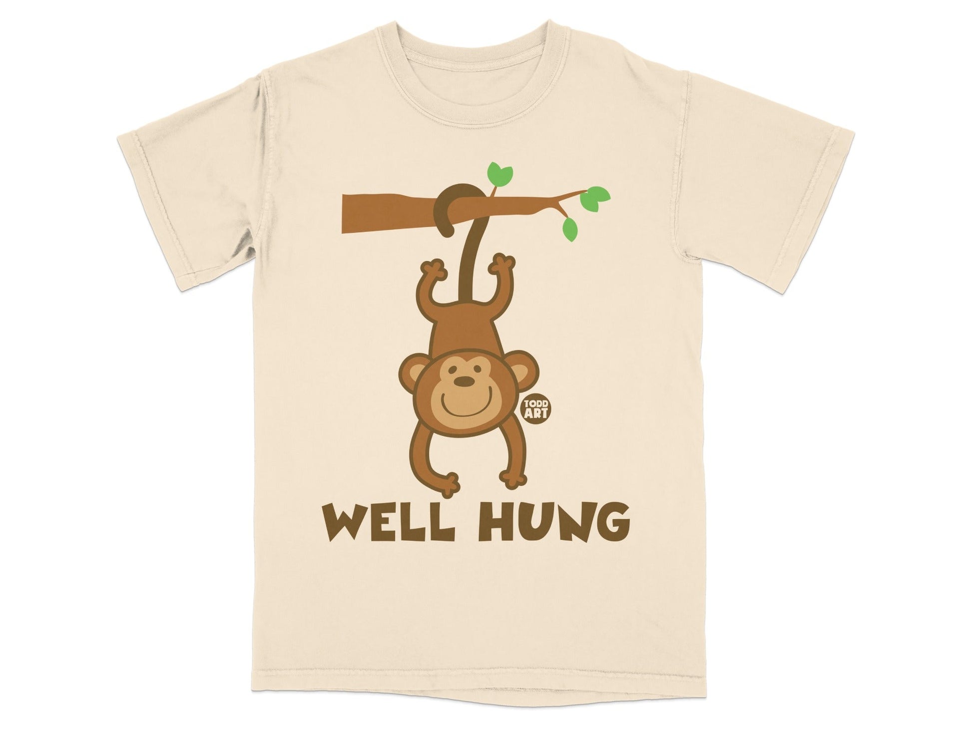 Illustration of a cartoon monkey hanging from a branch with "WELL HUNG" text.