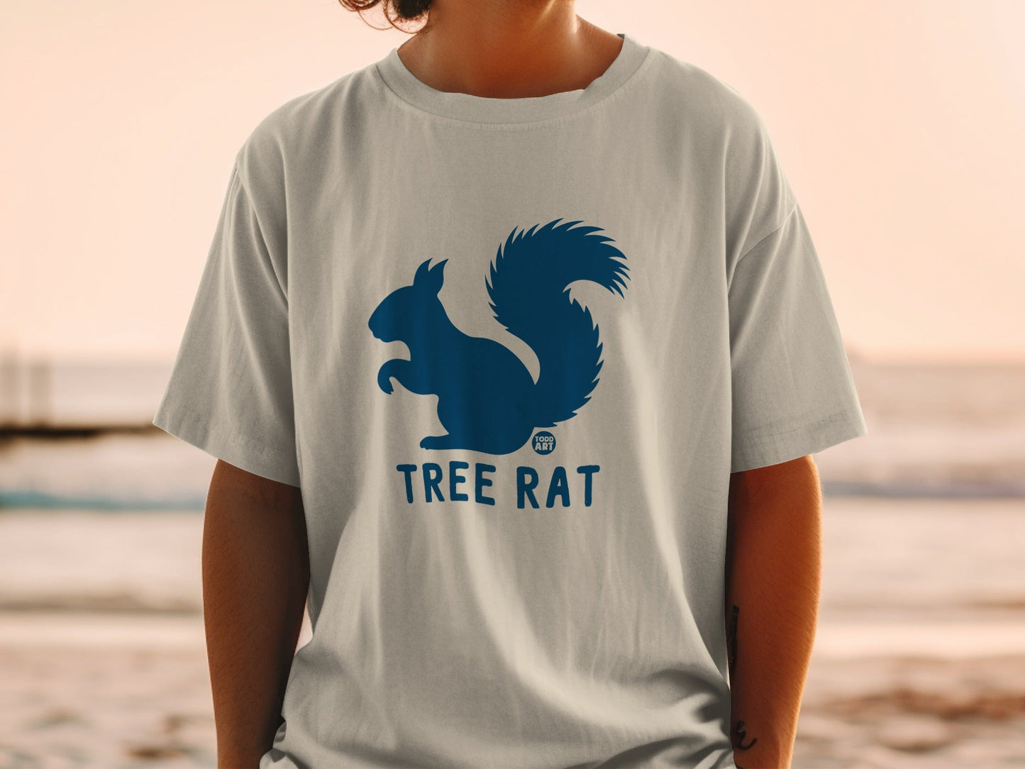 Grey t-shirt with a navy blue squirrel silhouette logo and "TREE RAT" text.