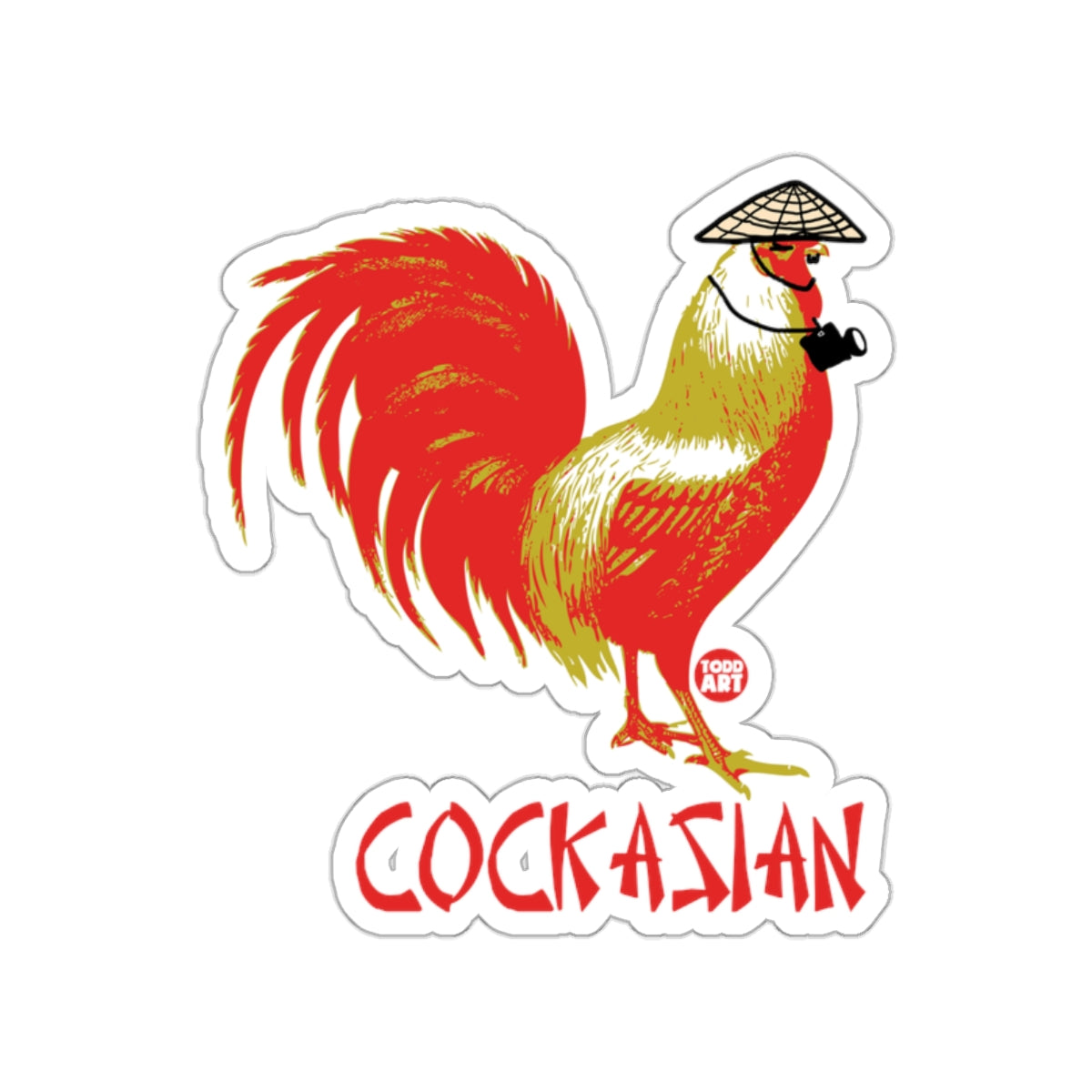 Cockasian Rooster with Hat in Bold Red and White Sticker