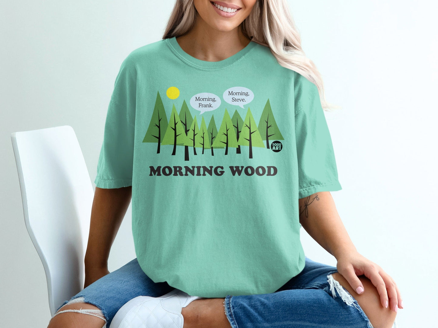 T-shirt with cartoon trees and "Morning, Frank" and "Morning, Steve" text.