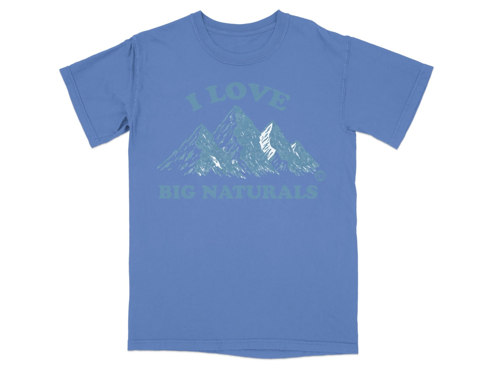 Blue t-shirt with "I LOVE BIG NATURALS" text and mountain graphic.
