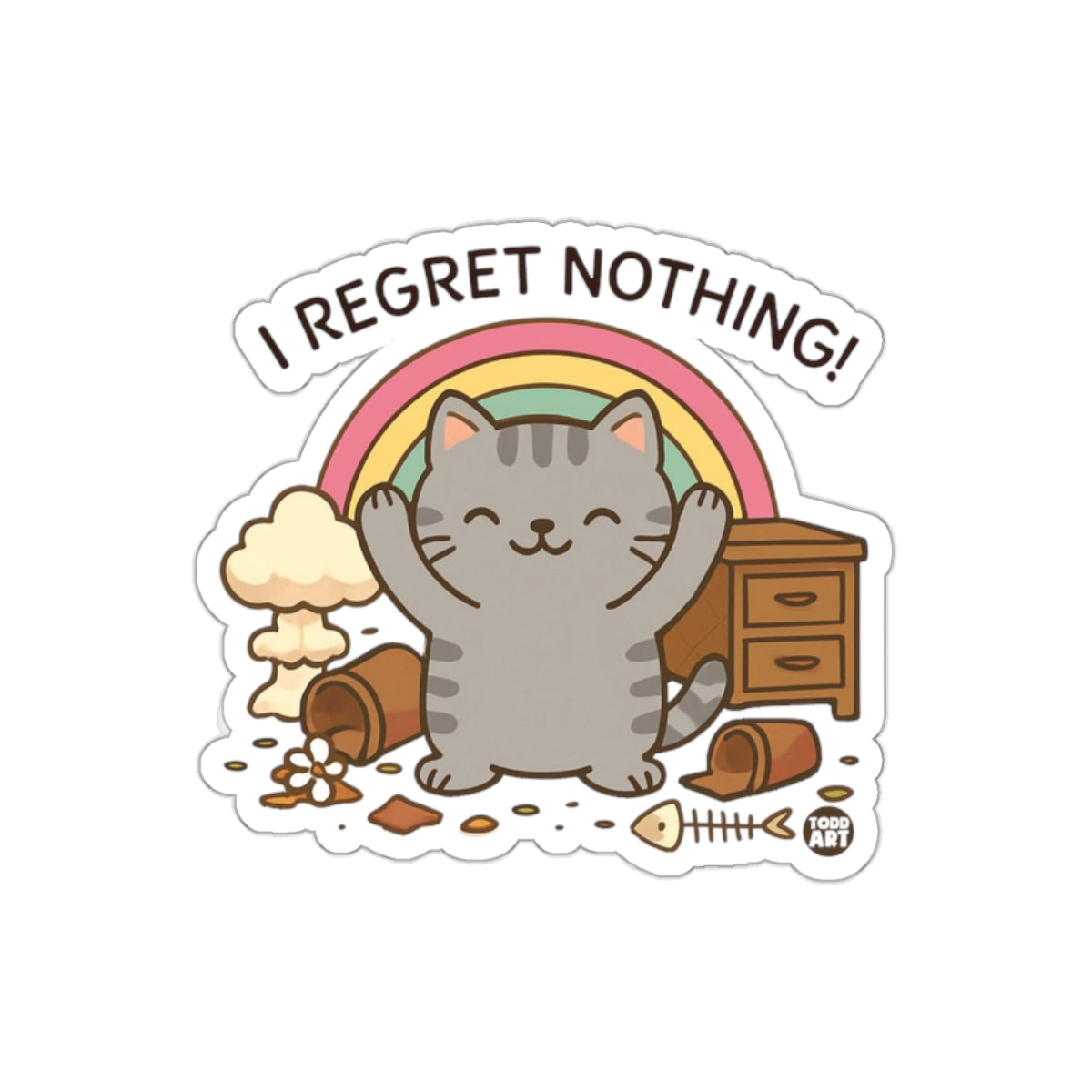 I Regret Nothing Cute Cat Rainbow Sticker