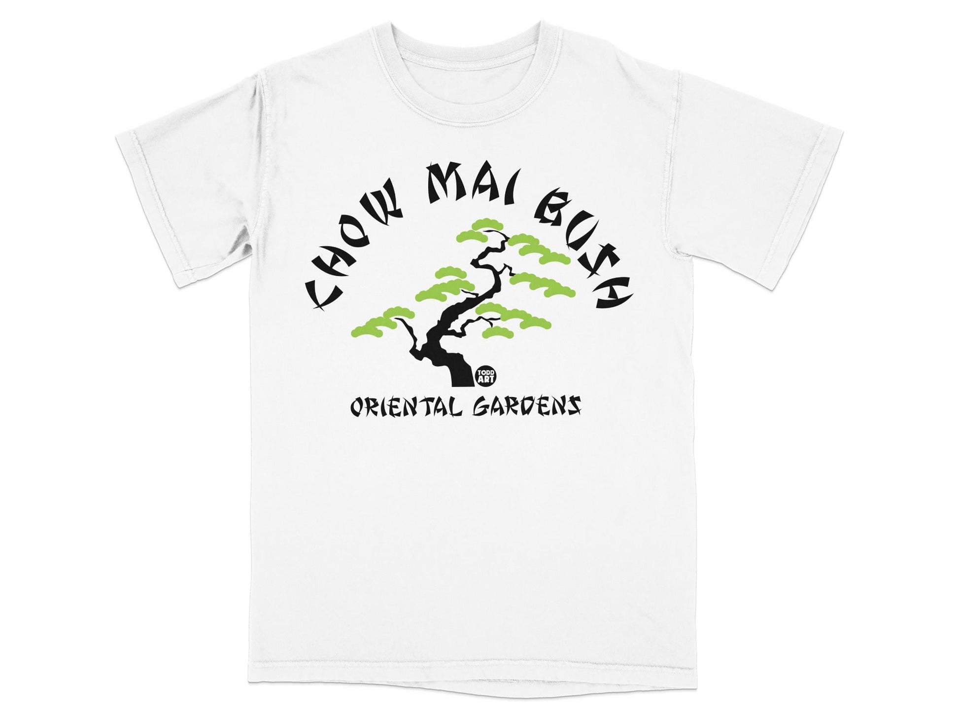 White t-shirt with green and black "CHOW MAI BUSH ORIENTAL GARDENS" text and tree logo.