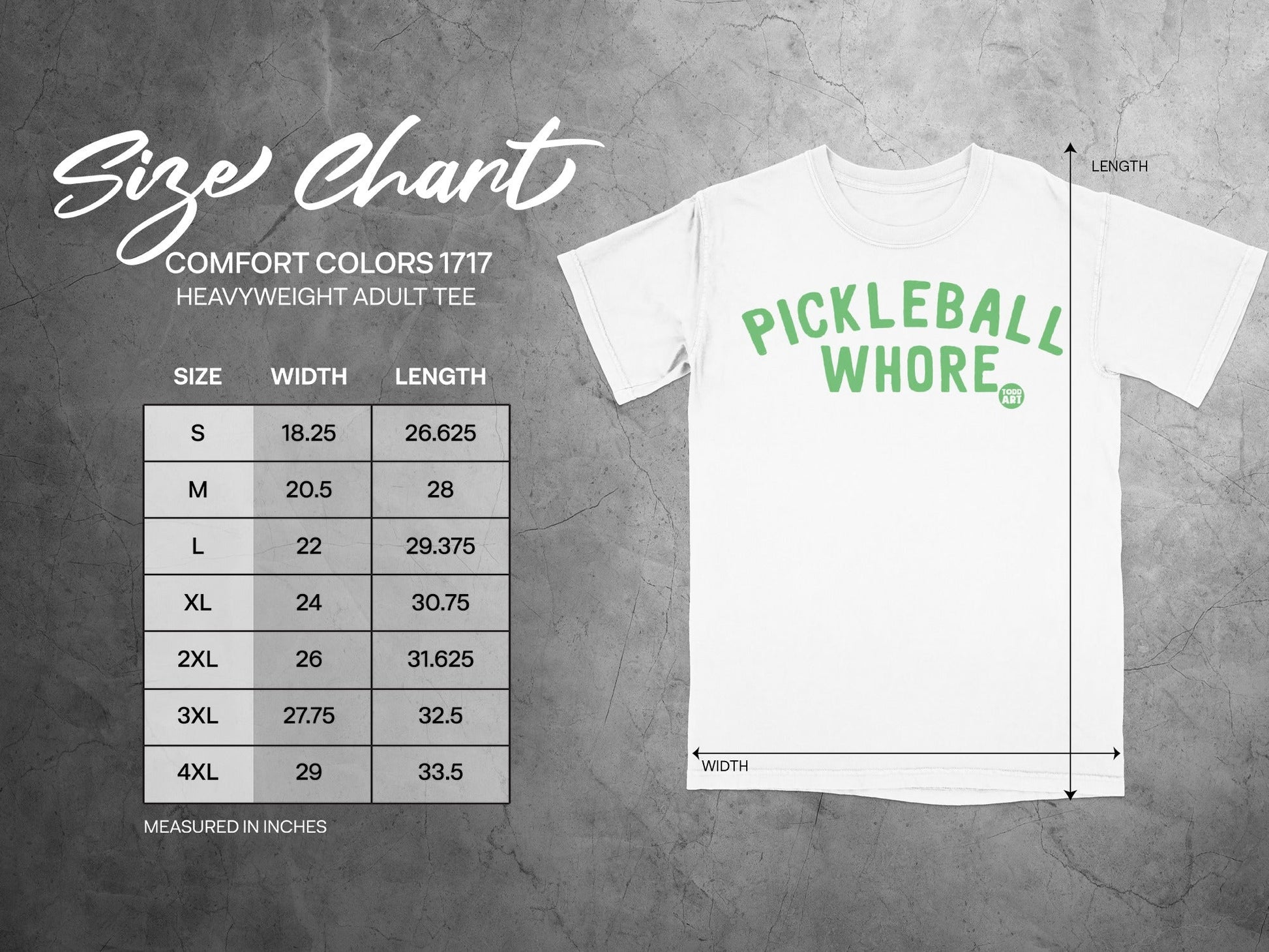 Size chart for Comfort Colors 1717 heavyweight adult t-shirts, measured in inches.