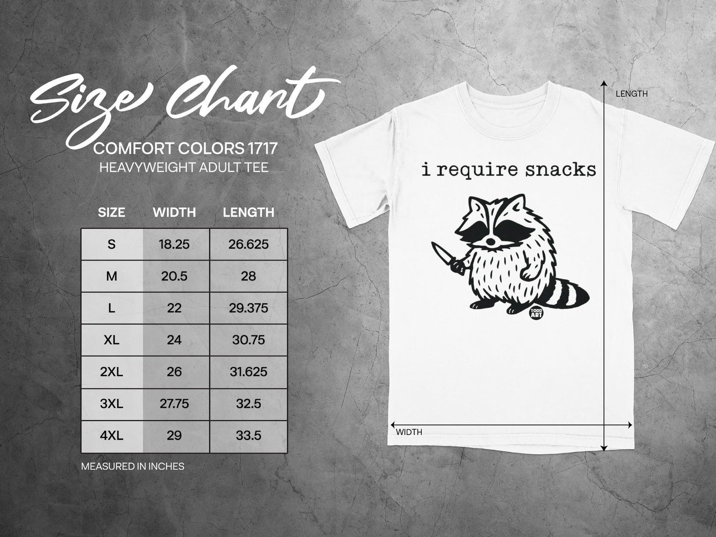 Size chart for "i require snacks" t-shirt, with width and length measurements.
