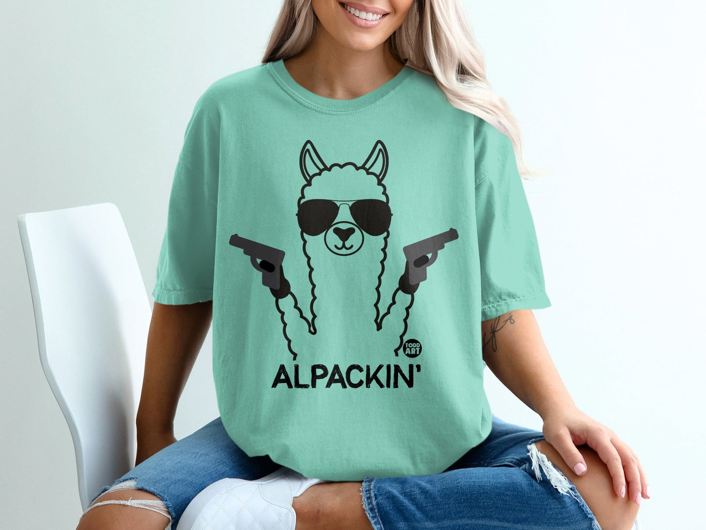 Alpaca with Sunglasses Holding Guns Funny T-Shirt