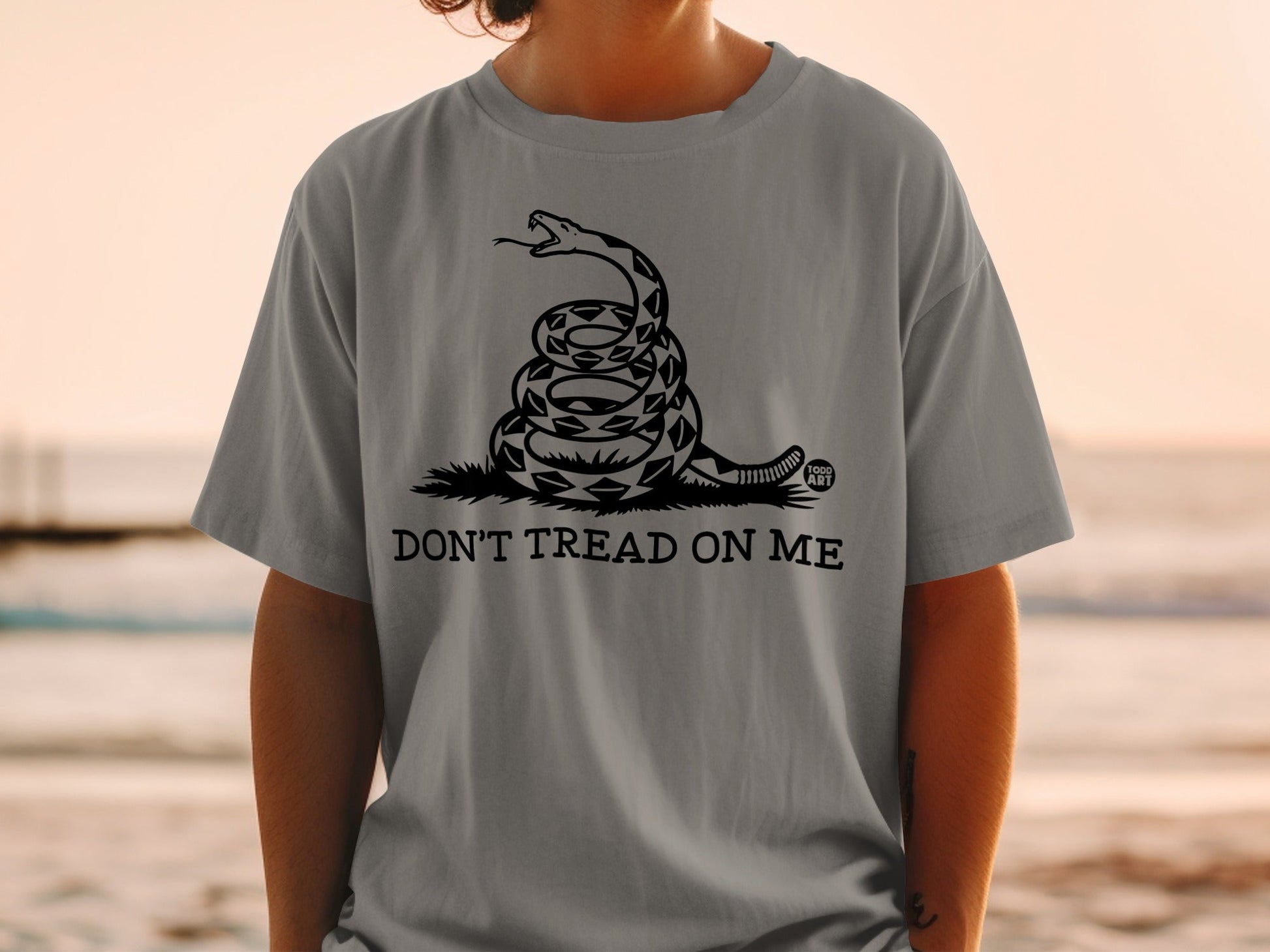 Grey t-shirt with coiled snake and "Don't Tread On Me" text.