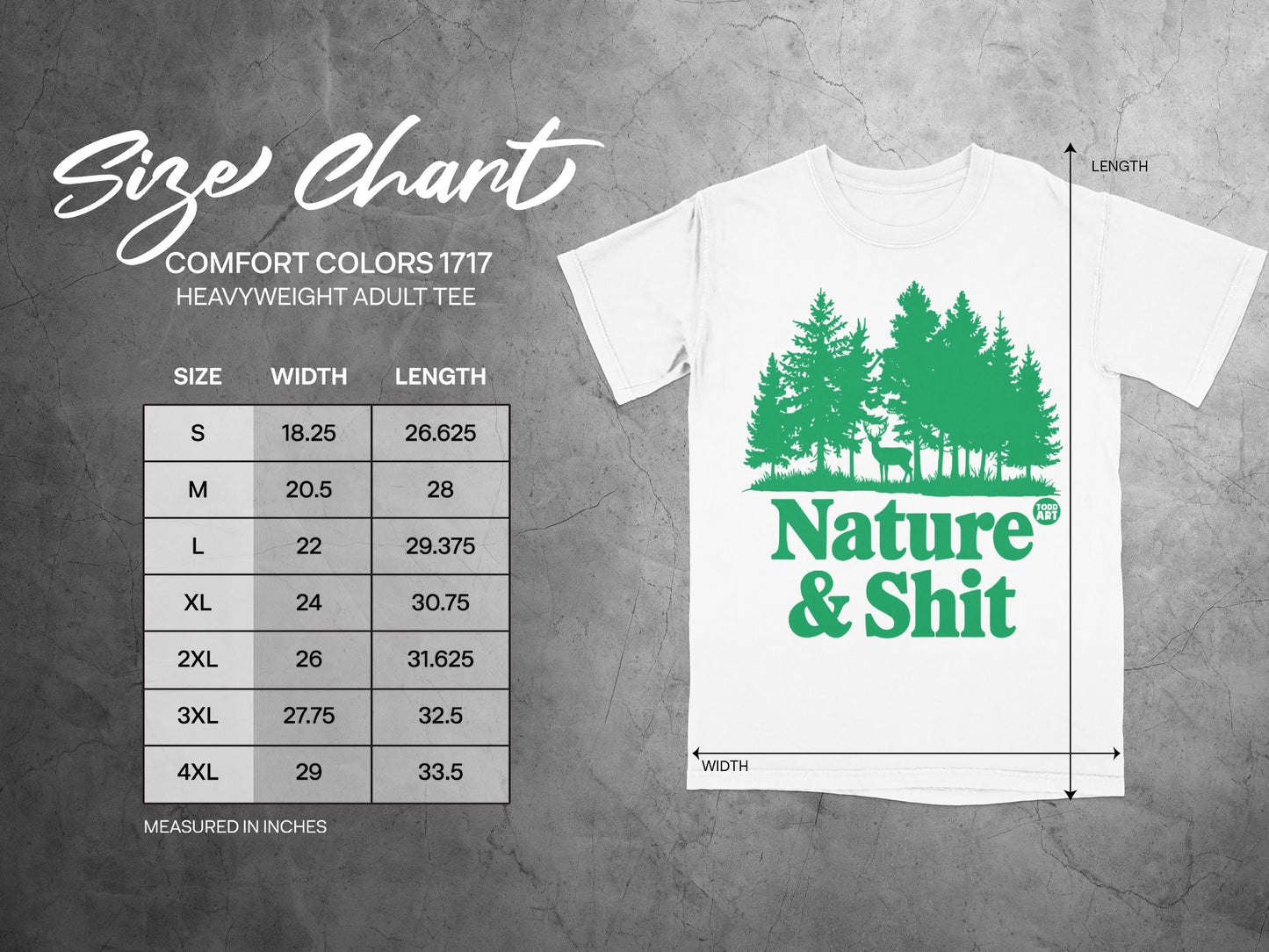 Size chart for Comfort Colors 1717 heavyweight adult tee with forest graphic.