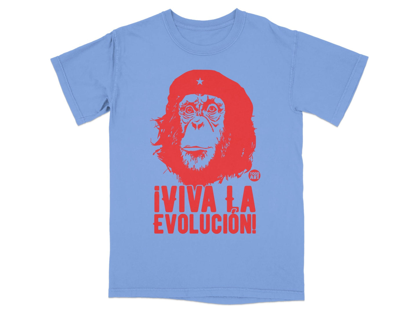Light blue t-shirt with red graphic of Che Guevara's face and "¬°VIVA LA EVOLUCI√ìN!" text.