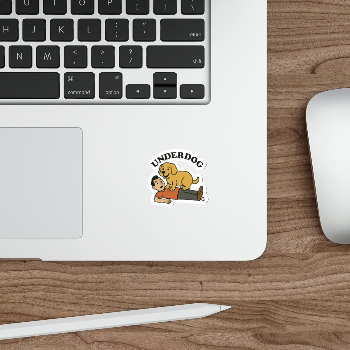 Underdog Cartoon Man With Dog Sticker Fun Laptop Decal