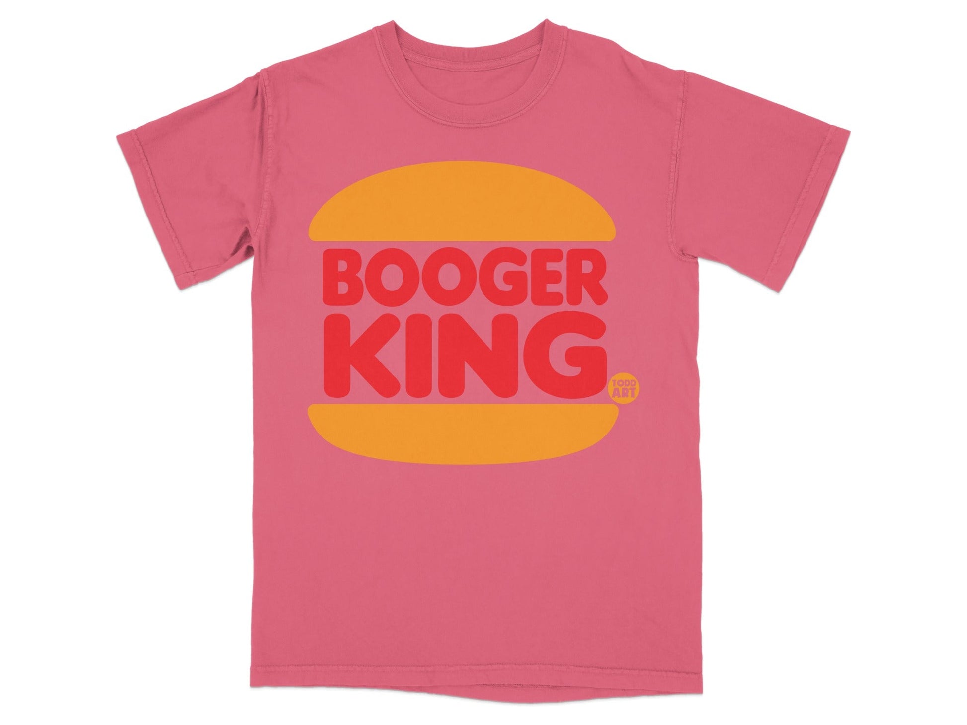 Pink t-shirt with red and yellow "BOOGER KING" text inside a rounded shape.