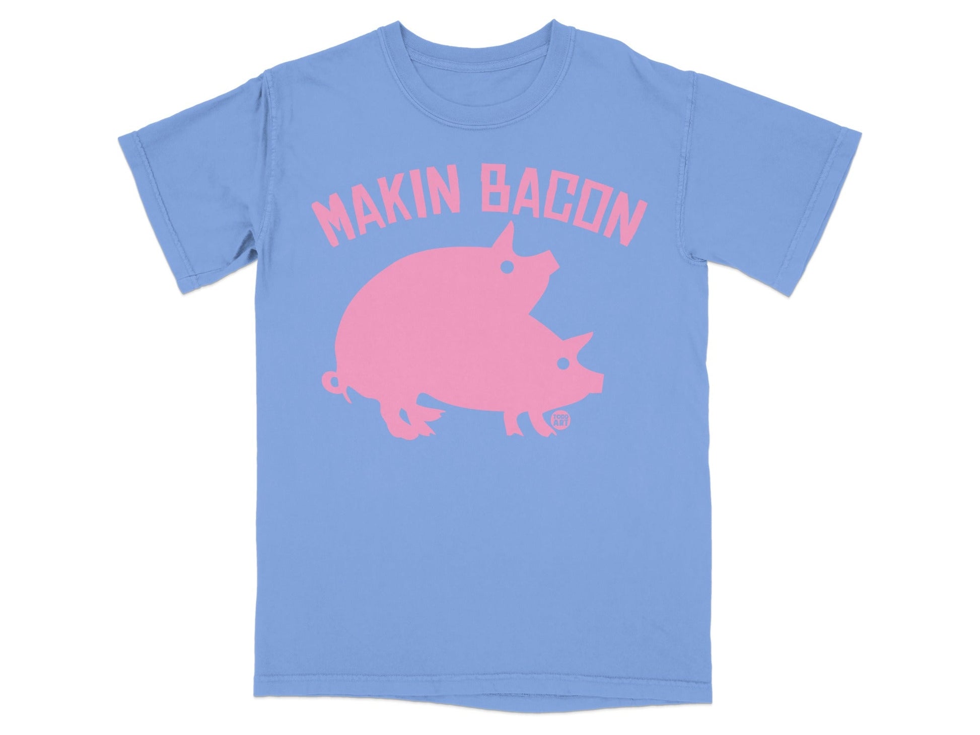 Two pink pigs stacked on a blue t-shirt with "MAKIN BACON" text.