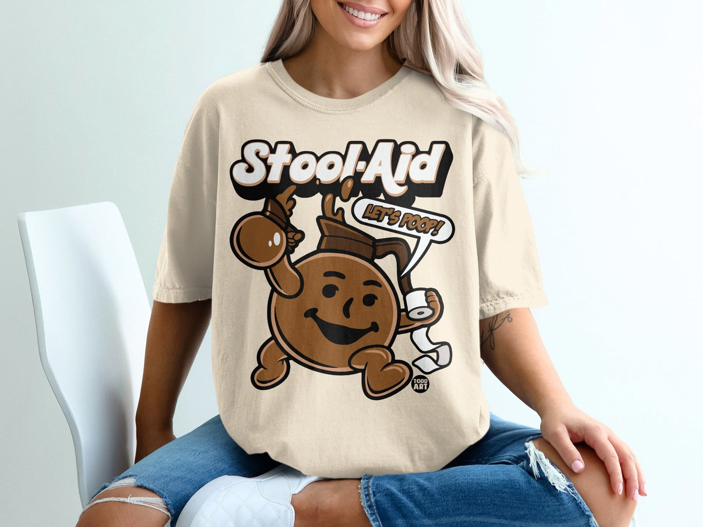 Stool-Aid cartoon character with toilet paper and speech bubble saying "Let's Poop!".