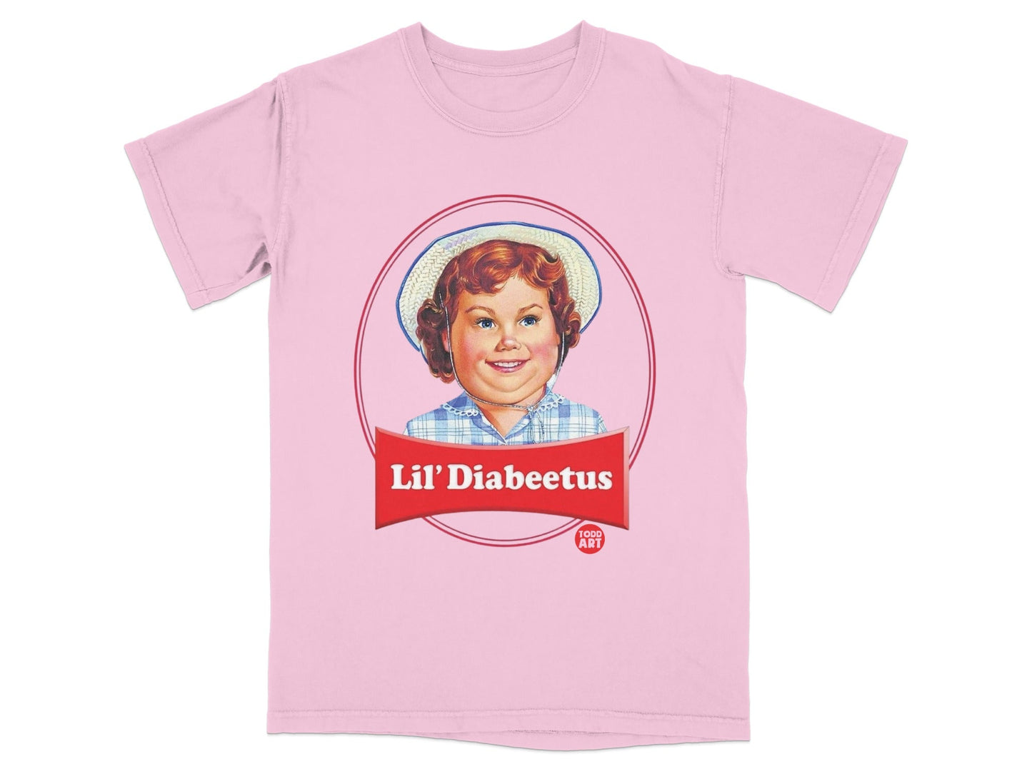Pink t-shirt with a caricature of a child in a hat, "Lil' Diabeetus" text.