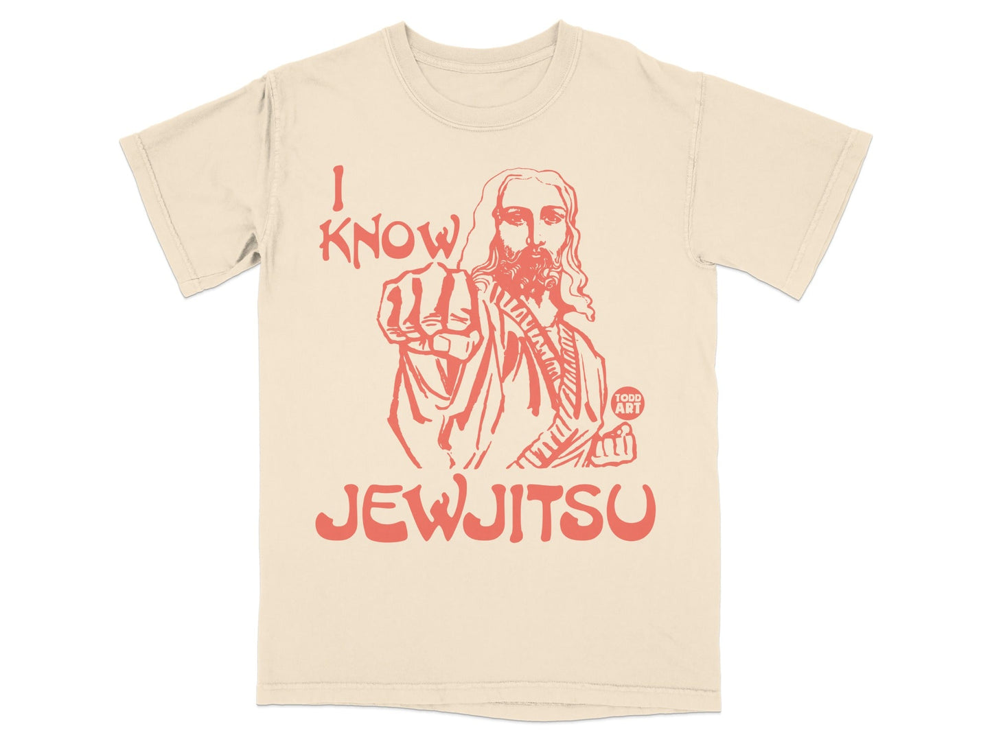 Cream t-shirt with "I KNOW JEWJITSU" and Jesus illustration in red.