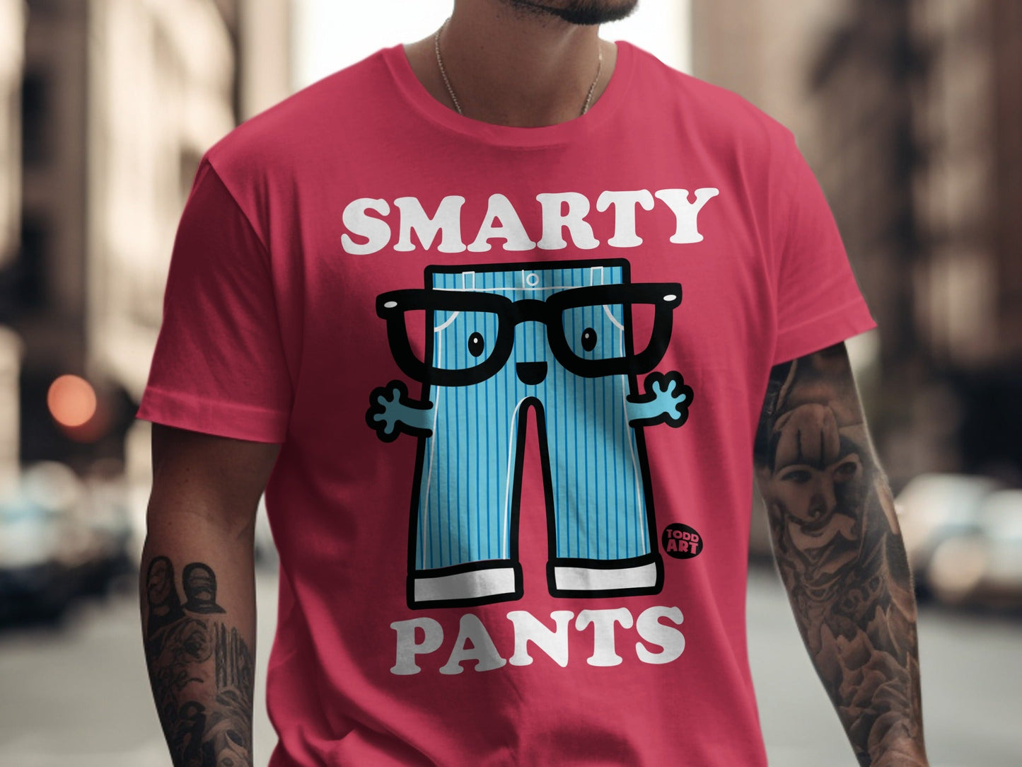 T-shirt with text "SMARTY PANTS" and cartoon pants wearing glasses.