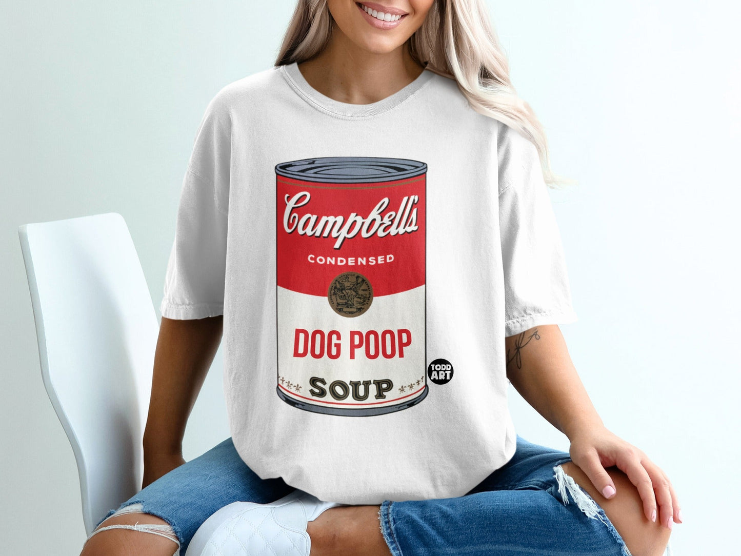 Campbell's Condensed Dog Poop Soup art on white t-shirt.