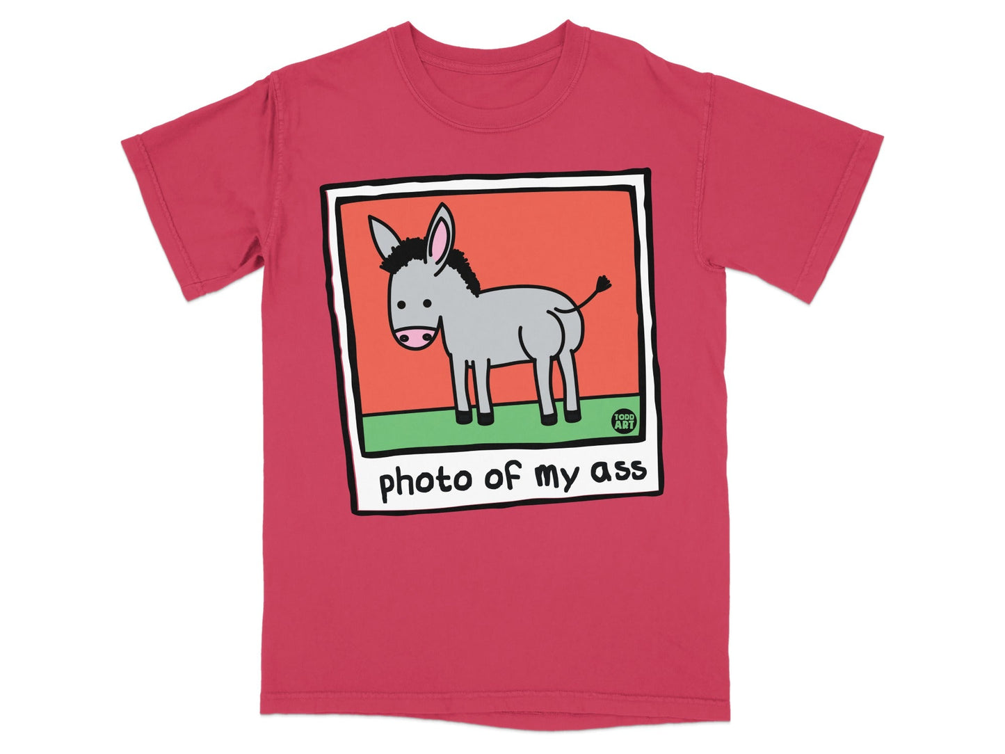 Red t-shirt with a cartoon donkey and "photo of my ass" text.